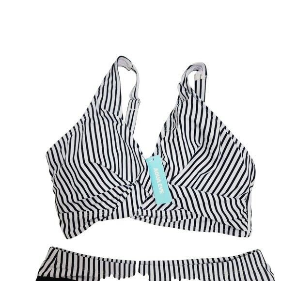 Striped Bikini Top & Skirt Swimwear Set By Aqua Eve Black & White Size L - Picture 5 of 7
